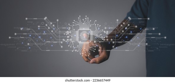 Fingerprint scanner futuristic digital processing of biometric identification. Secure access granted by valid fingerprint scan, cyber security on internet of digital programs futuristic applications. - Powered by Shutterstock