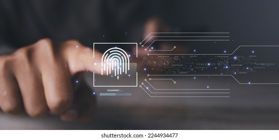 Fingerprint scanner futuristic digital processing of biometric identification. Secure access granted by valid fingerprint scan, cyber security on internet of digital programs futuristic applications.