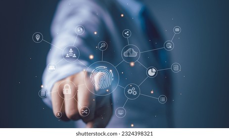 Fingerprint scanner futuristic digital processing of biometric identification. Secure access granted by valid fingerprint scan, cyber security on internet of digital programs futuristic applications.