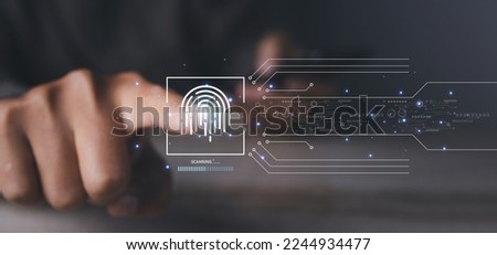 Fingerprint scanner futuristic digital processing of biometric identification. Secure access granted by valid fingerprint scan, cyber security on internet of digital programs futuristic applications.