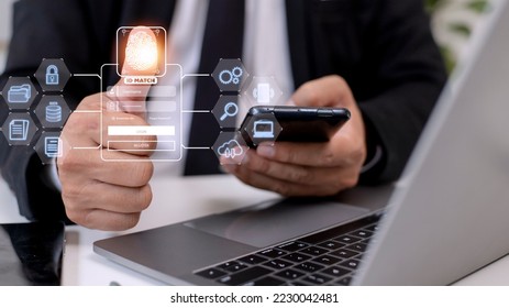 Fingerprint scanning and biometric authentication, processing of biometric for access personal data. surveillance and security scanning of digital programs cyber futuristic applications