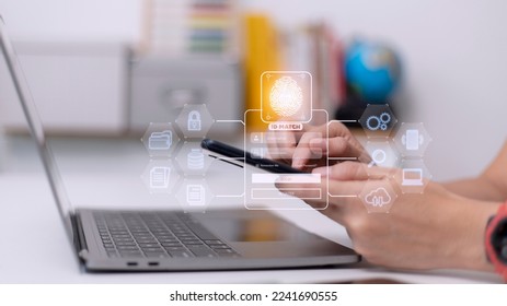 Fingerprint scanning and biometric authentication, processing of biometric for access personal data. surveillance and security scanning of digital programs cyber futuristic applications