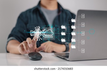 Fingerprint scanning and biometric authentication. system for document management (DMS). software that automates the archiving and management of data files. concept of Internet technology. - Shutterstock ID 2174310683