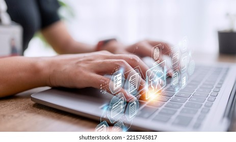 Fingerprint scanning and biometric authentication. system for document management (DMS). software that automates the archiving and management of data files. concept of Internet technology. - Shutterstock ID 2215745817