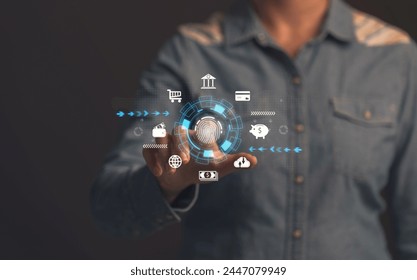 Fingerprint scanning, digital processing. Fingerprint scanner, biometric identification for personal financial information access. Digital program security protection. - Powered by Shutterstock - Get 15% off with code: PIKWIZARD15