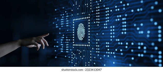 Fingerprint Scanning. A hand presses on a hologram with a circuit board and and icon of a human fingerprint - Powered by Shutterstock