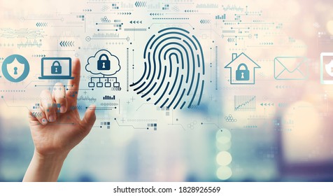 Fingerprint scanning theme with hand pressing a button on a technology screen - Shutterstock ID 1828926569