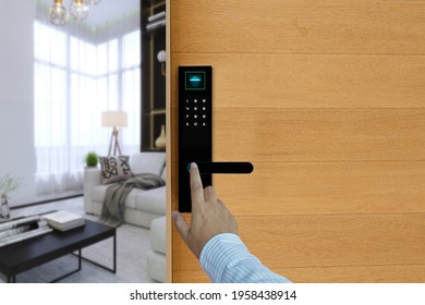 Fingerprints or finger scan to open digital door lock, Apartment, condominium door control system using digital door locking. Smart Security, safety concept. - Shutterstock ID 1958438914