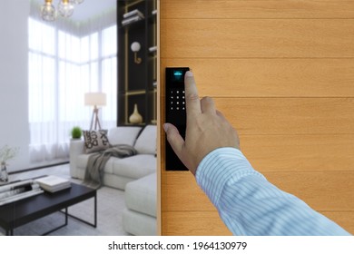 Fingerprints to open digital door lock of living room, Digital door lock on wood door, security concept for home, apartment or condominium. - Shutterstock ID 1964130979