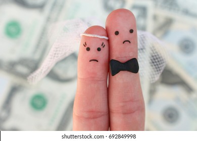 Fingers Art Of Couple On Background Of Money. Concept Of Wedding, Woman And Man Needs To Get Married, But They Don't Want. Arranged Marriage. 