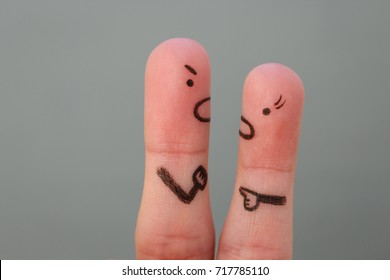 Fingers art of couple in quarrel. Man and woman swear.