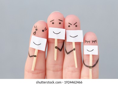 Fingers Art Of Family. Concept Of People Hiding Emotions.