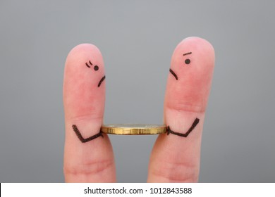     Fingers Art Of Family During Quarrel. Concept Of Man And Woman Cannot Divide Money After Divorce. 