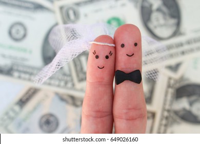 Fingers Art Of A Happy Couple. Bride And Groom Hug On Background Of Money. Concept Of Arranged Marriage.