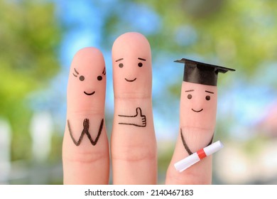 Fingers Art Of Happy Family. Concept Parents Are Proud Of Their Child Graduated From College.