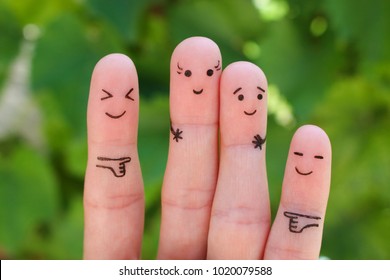 Fingers Art Of People. Concept Woman Taller Than Man, Around Laugh At Them.