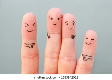 Fingers Art Of People. Concept Woman Taller Than Man, Around Laugh At Them.