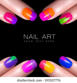 Fingers with colorful nail polish and drops of water. Manicure and makeup concept. Closeup image isolated on black with sample text