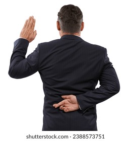 Fingers crossed, back and man with oath, liar and corruption isolated on a studio white background. Person, lawyer and government official with hand gesture, scam or dishonest with testimony or lying - Powered by Shutterstock