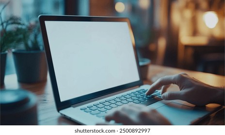 fingers typing blank white screen laptop. for mockup business - Powered by Shutterstock