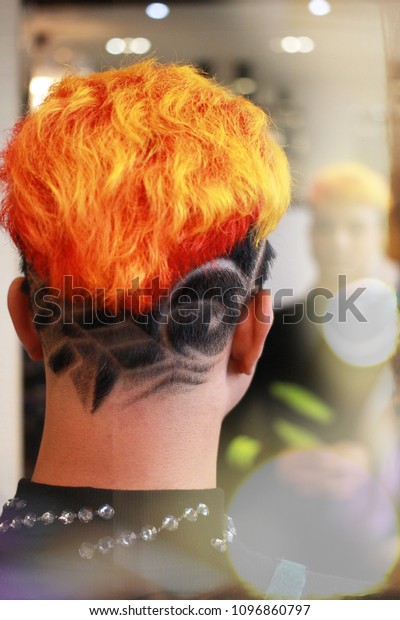 Finish Dyed Hair Orange Graphic Shaved Beauty Fashion Stock Image