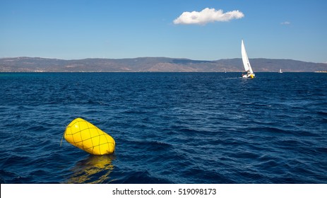 Finish Line Buoy At Sailing Sea Yacht Race Regattas. Luxery Vacations, Adventure, Travel.