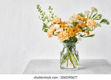 Finished Flower Arrangement In A Vase For Home. Flowers Bunch, Set For Interior. Fresh Cut Flowers For Decoration Home. European Floral Shop. Delivery Fresh Cut Flower.