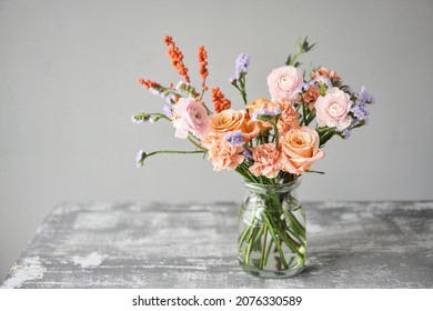 Finished Flower Arrangement In A Vase For Home. Flowers Bunch, Set For Interior. Fresh Cut Flowers For Decoration Home. European Floral Shop. Delivery Fresh Cut Flower.