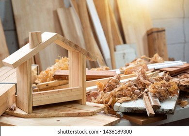 Finished handmade goods in workshop, diy wood work, wooden plank in background, concept of diy - Shutterstock ID 1436189300