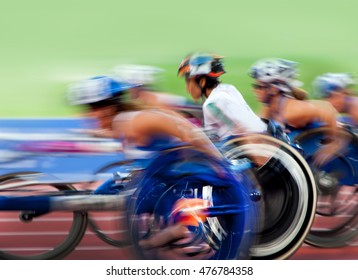 Finishing spurt wheelchair in motion at the stadium