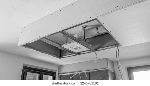 Finishing works in a new house. Suspended Ceilings. Drywall ceiling preparation for led lightingSuspended Ceilings. Drywall ceiling. Moving toa new house concept. - Shutterstock ID 2245781101