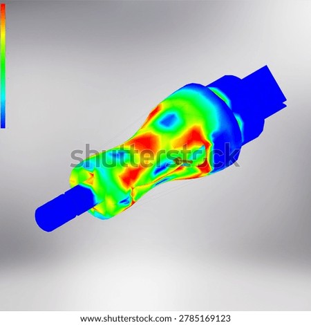 finite element analysis computer simulation shows stress distribution mapping on a three dimensional tapered industrial mechanical component.