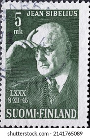 Finland - circa 1945: a postage stamp from Finland, showing a portrait of the composer Jean Sibelius, 80th Birthday 