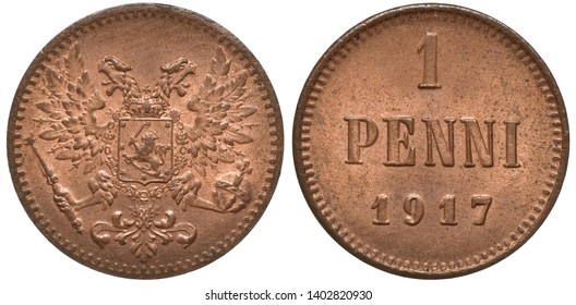 Finland Finnish Early Date Coin 1 One Penni 1917, Russian Administration, Provisional Government, Imperial Eagle Without Crowns, Denomination And Date,