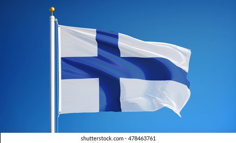Finland flag waving against clean blue sky, close up, isolated with clipping path mask alpha channel transparency