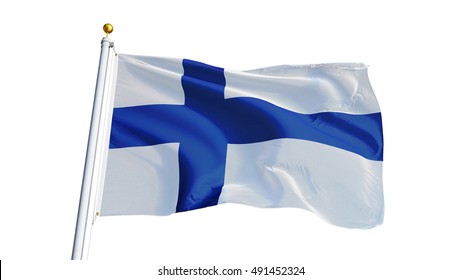Finland flag waving on white background, close up, isolated with clipping path mask alpha channel transparency