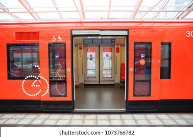 FINLAND, HELSINKI - March 25, 2018: Open Doors Of The Subway Car At The Station Vuosaari In Helsinki