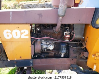 Hämeenkyrö, Finland - July 11 2022: Documentary Of Everyday Life And Place. Close Up Of The Engine Of Tractor.