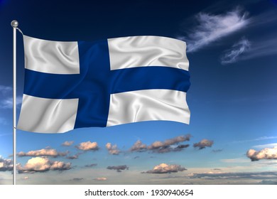 Finland national flag waving in the wind against deep blue sky.  International relations concept.