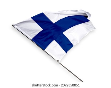 Finland's flag is isolated on a white background. flag symbols of Finland. close up of a Finnish flag waving in the wind.