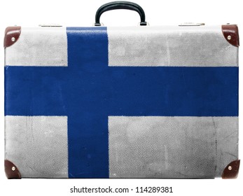 The Finnish Flag Painted On Old Grungy Travel Suitcase Or Trunk