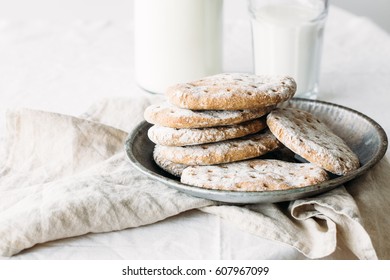 Finnish Rye Flat Bread On Rustic Background. Traditional Lapland Food