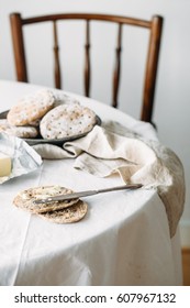 Finnish Rye Flat Bread On Rustic Background. Traditional Lapland Food