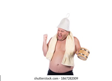 Finnish Sauna. Cheerful Man. White Background.