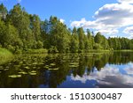 Finnish summer in Puolanka, northern Kainuu. Lake with water lilies. Verdant forest and clouds.