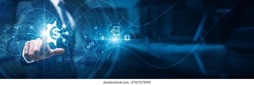 FinTech analyst hand touch solution FinTech application, digital payments investments blockchain banking innovation wallets automation risk scoring compliance security transformation.