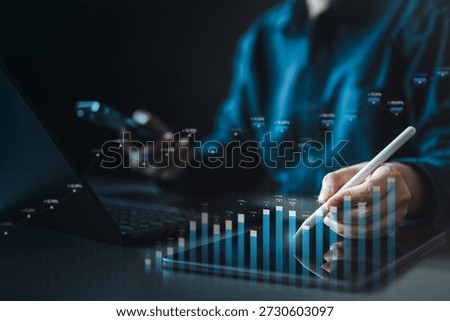 Fintech analytics dashboard concept showing financial data analysis on digital devices. Represents business performance metrics, investment monitoring, secure banking technology, accounting reports.