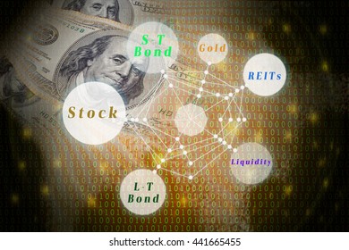 Fintech and Coded Investment concept image. Asset allocation icons against double exposure of abstract US dollar bank note and abstract binary code background.