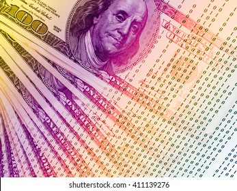 FINTECH Concept Image. Double Exposure Of US Dollar Banknotes And Abstract Binary Code Background, Representing The Cryptocurrency Or Digital Money.