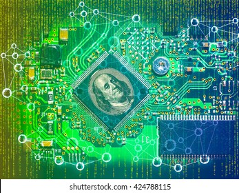 Fintech concept image. Double exposure of Electronic Circuit, US dollar note and digital abstract code background.